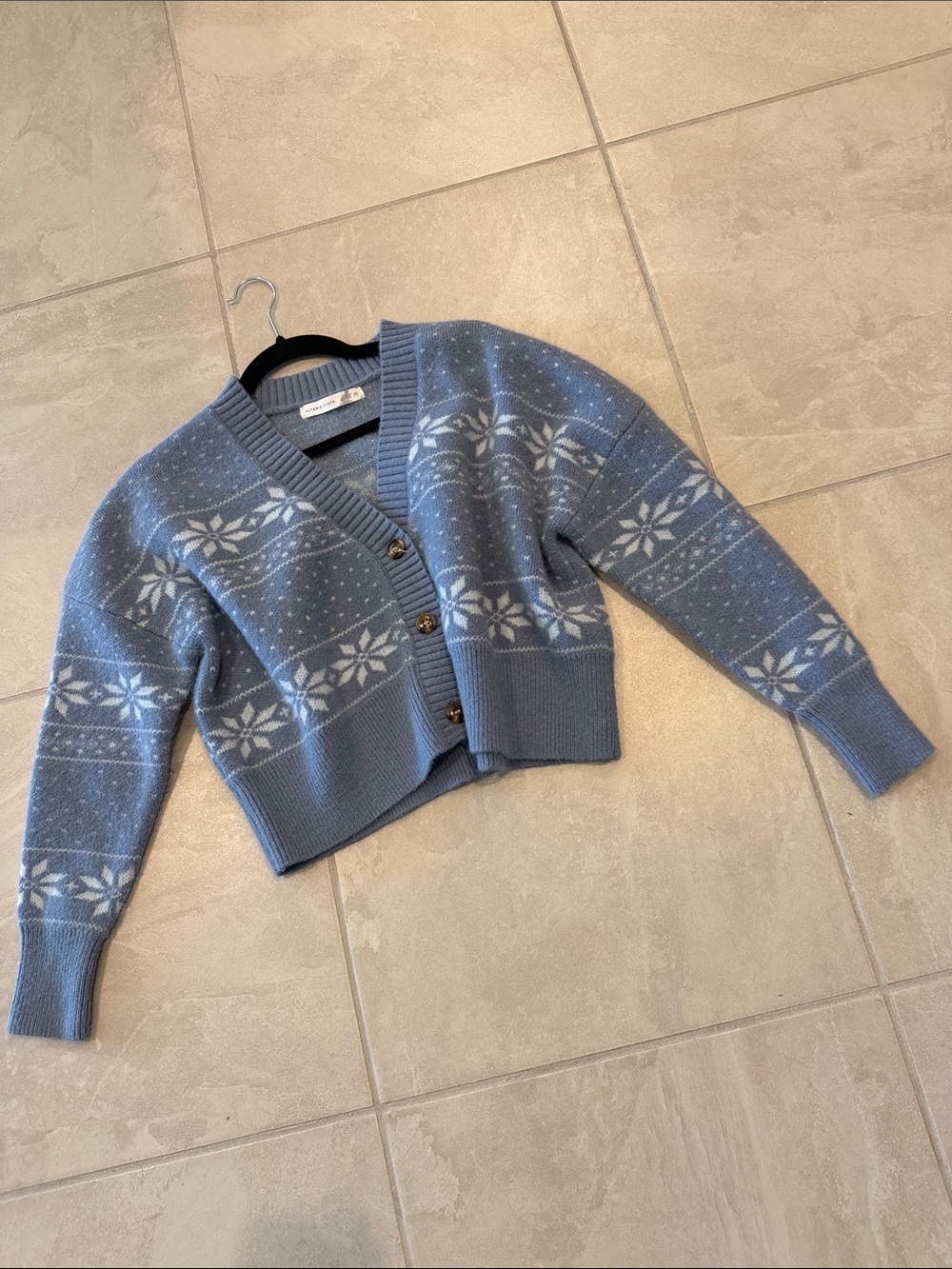 Vintage Inspired Blue Fair Isle V-Neck Cropped Cardigan Sweater